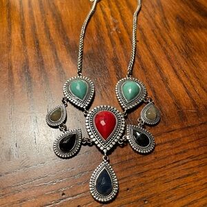 Vintage Silver Finish Genuine Multi Teardrop Faux Stones Necklace